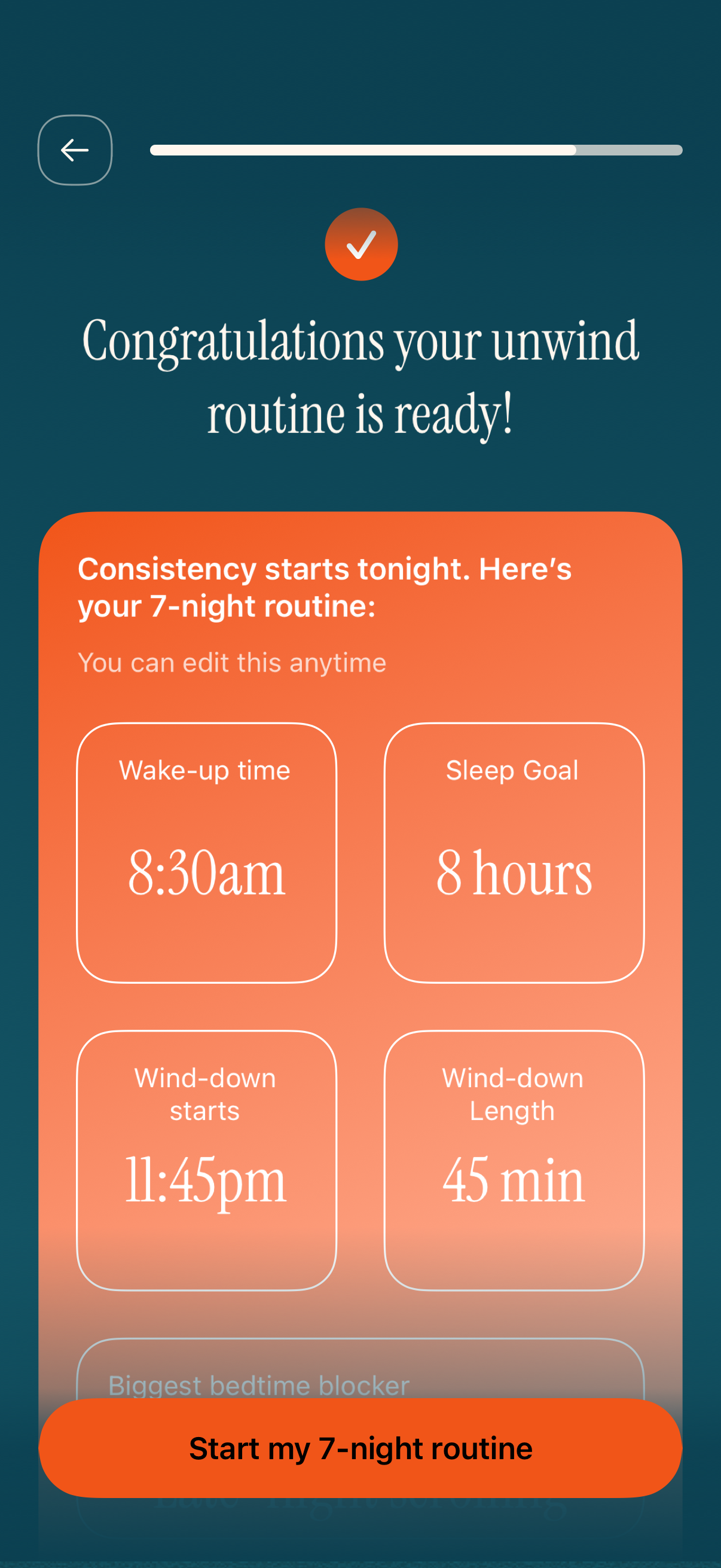 Unwindy onboarding summary showing a chosen bedtime and wind-down plan.