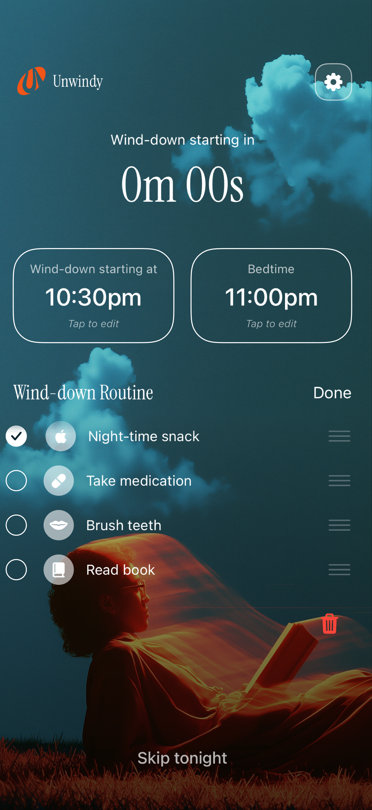 Unwindy routine editor showing selected evening steps.