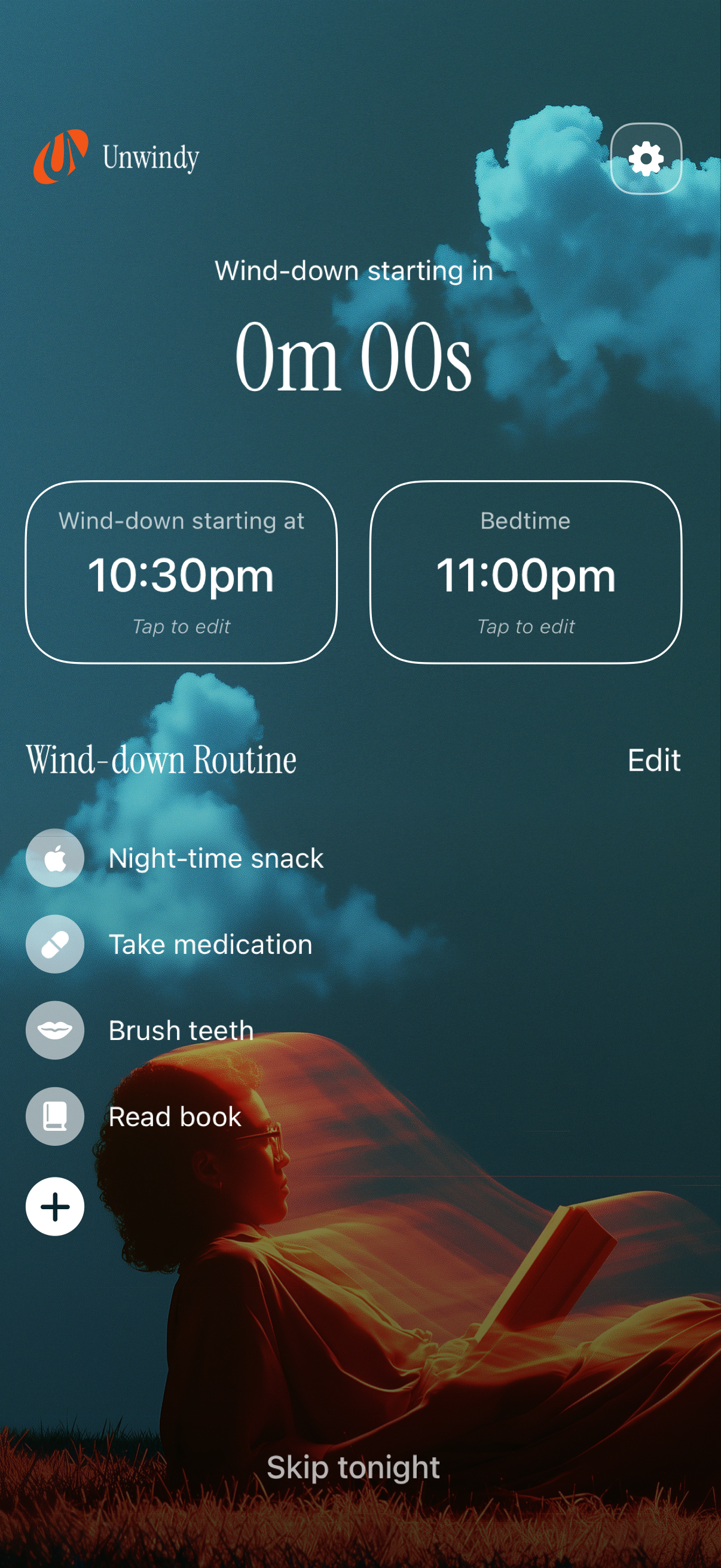 Unwindy home screen with tonight's routine ready to begin.