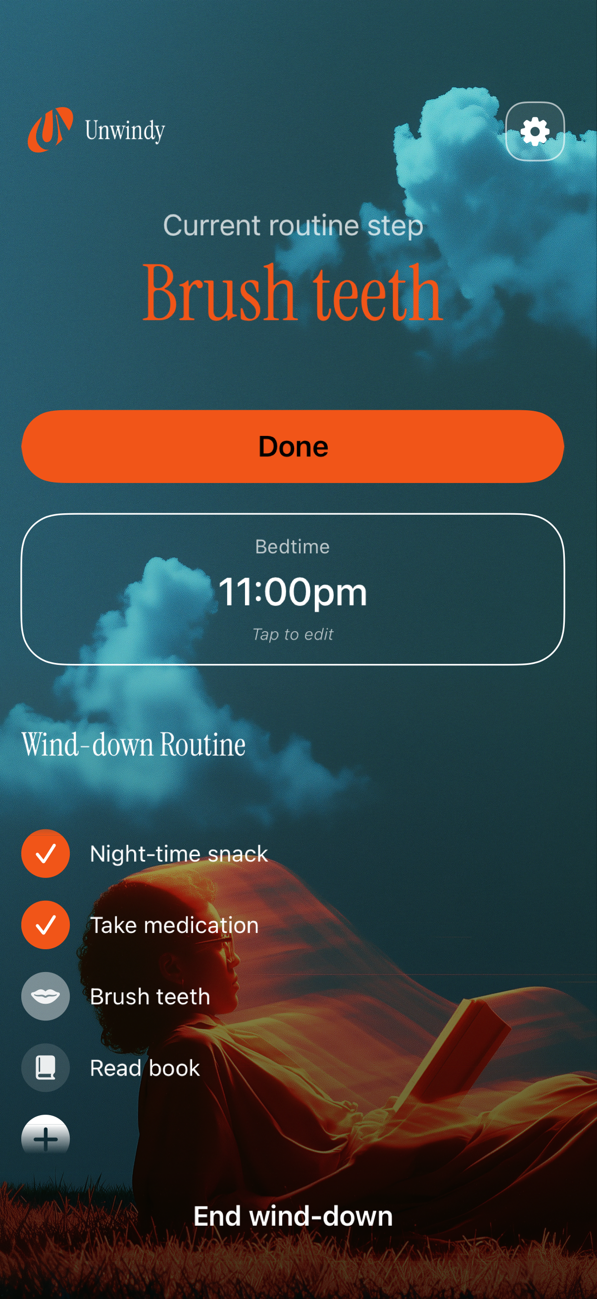 Unwindy active routine showing the current bedtime step.